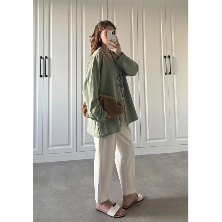 Önü Bağlamalı Mint Yeşili Keten Kimono