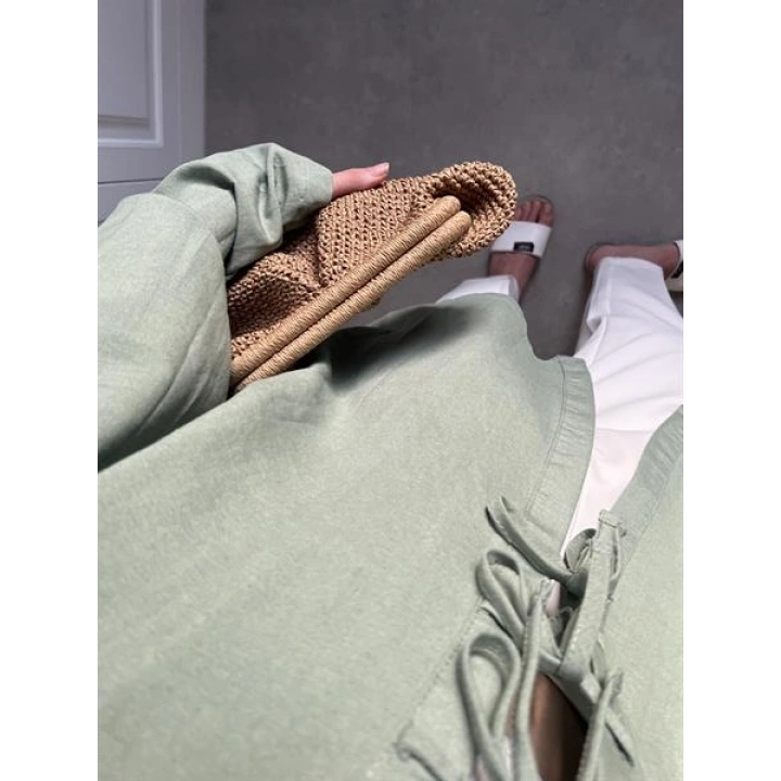 Önü Bağlamalı Mint Yeşili Keten Kimono