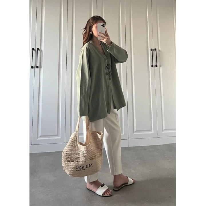 Önü Bağlamalı Mint Yeşili Keten Kimono