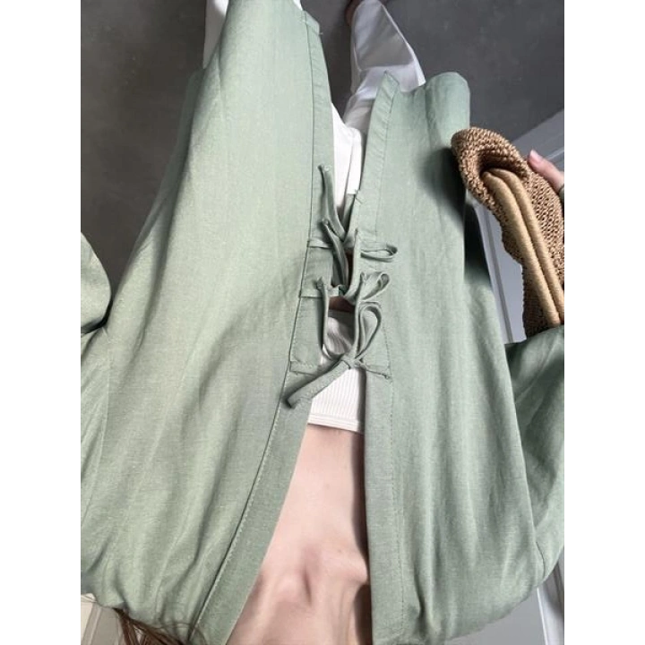 Önü Bağlamalı Mint Yeşili Keten Kimono