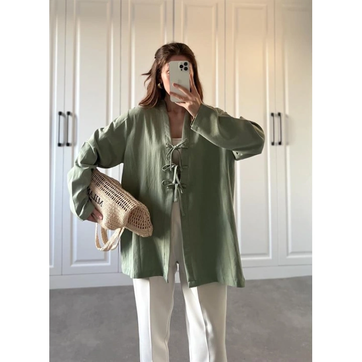Önü Bağlamalı Mint Yeşili Keten Kimono