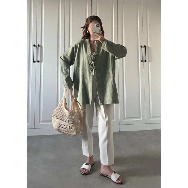 Önü Bağlamalı Mint Yeşili Keten Kimono