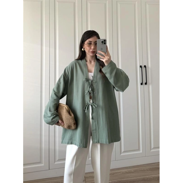 Önü Bağlamalı Mint Yeşili Keten Kimono