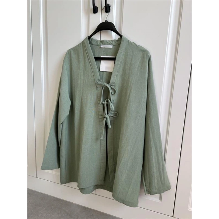 Önü Bağlamalı Mint Yeşili Keten Kimono