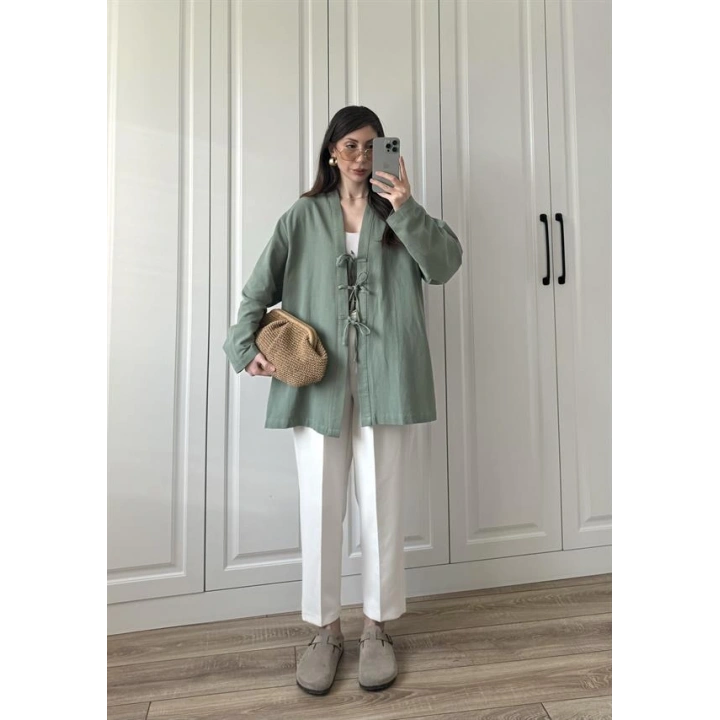 Önü Bağlamalı Mint Yeşili Keten Kimono