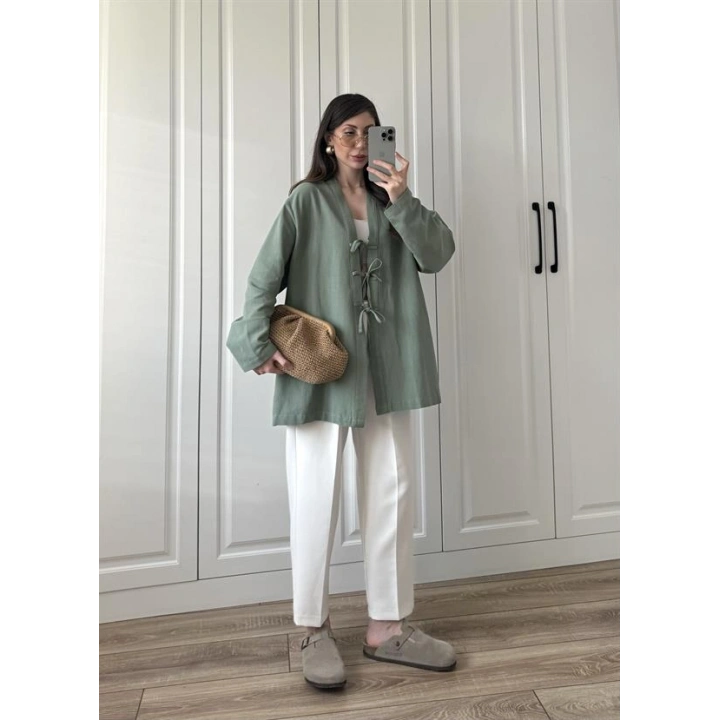 Önü Bağlamalı Mint Yeşili Keten Kimono