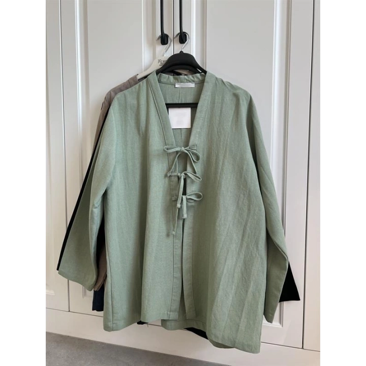 Önü Bağlamalı Mint Yeşili Keten Kimono