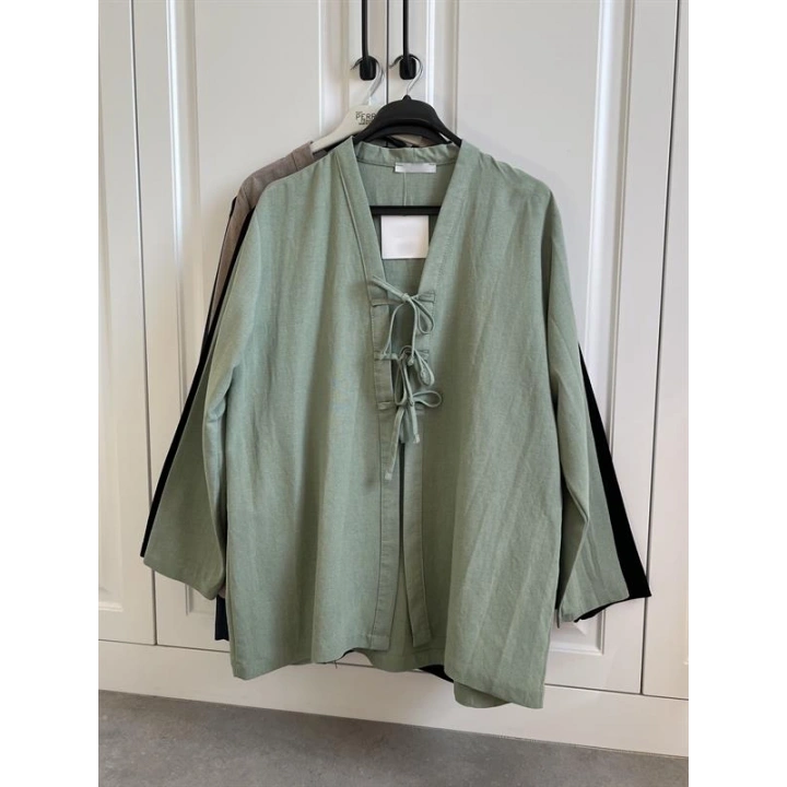 Önü Bağlamalı Mint Yeşili Keten Kimono