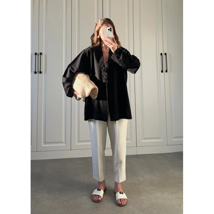 Önü Bağlamalı Siyah Keten Kimono