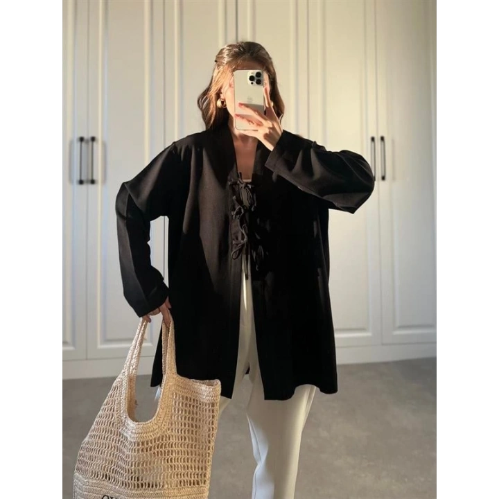 Önü Bağlamalı Siyah Keten Kimono