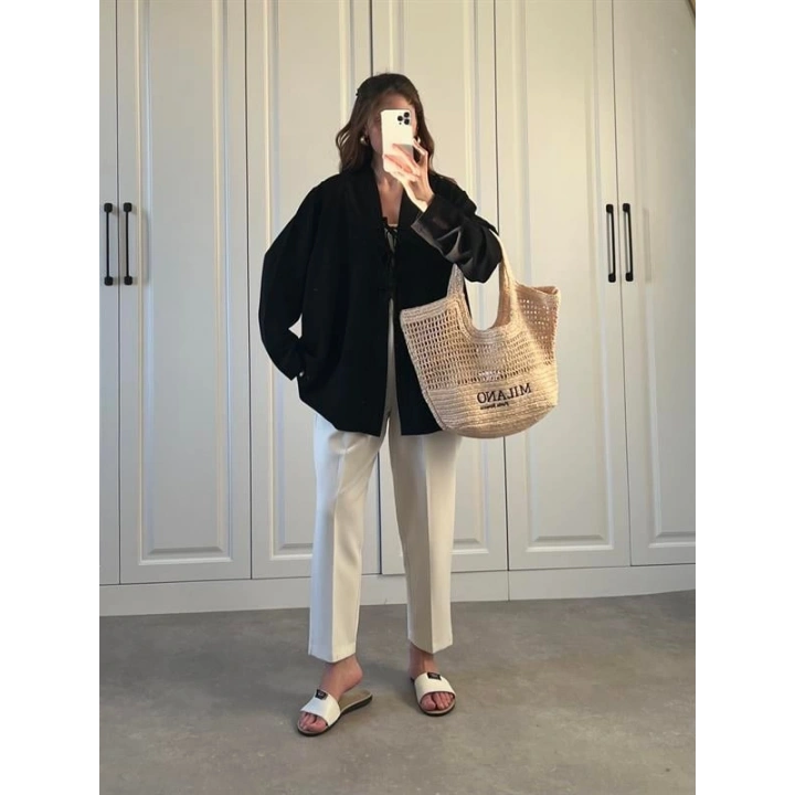 Önü Bağlamalı Siyah Keten Kimono