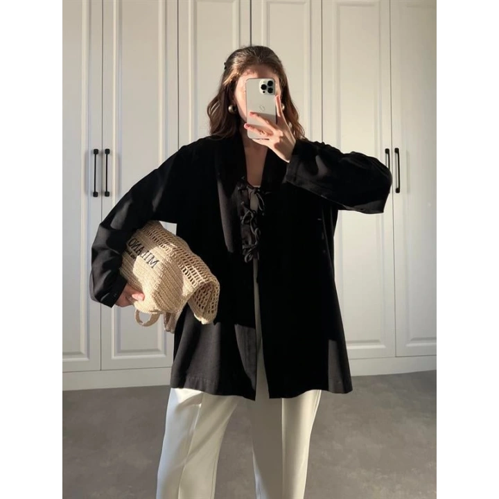 Önü Bağlamalı Siyah Keten Kimono