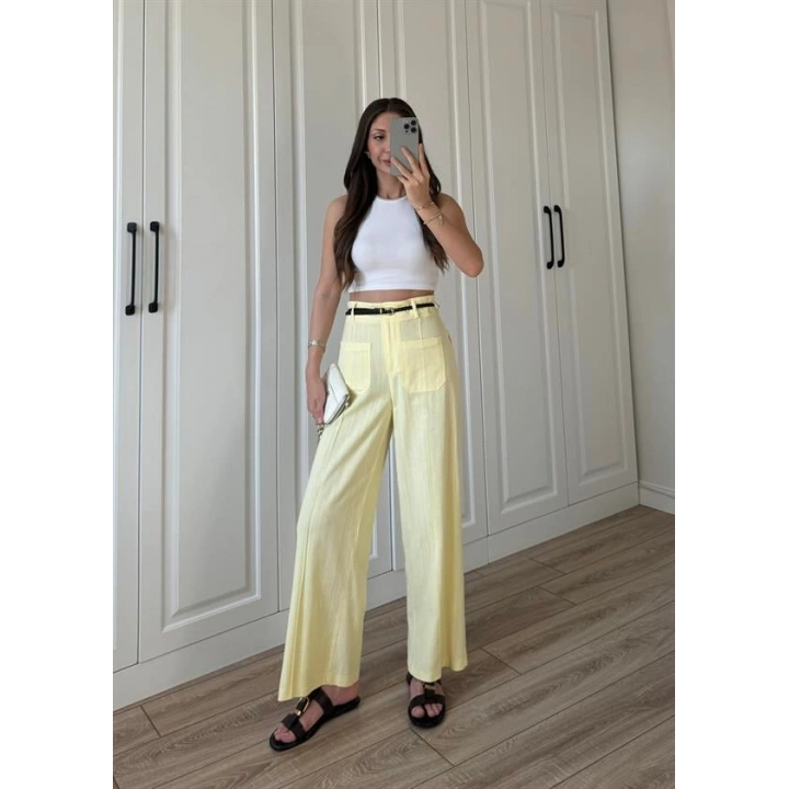 Örgü Kemerli Önü Cepli Keten Premium Sarı Pantolon