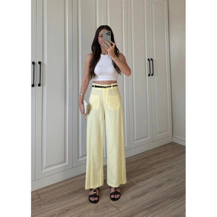 Örgü Kemerli Önü Cepli Keten Premium Sarı Pantolon