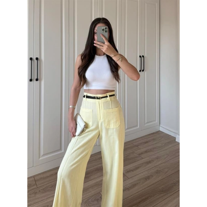 Örgü Kemerli Önü Cepli Keten Premium Sarı Pantolon