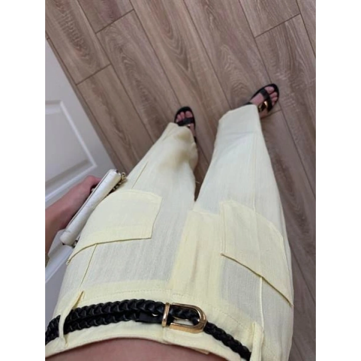Örgü Kemerli Önü Cepli Keten Premium Sarı Pantolon