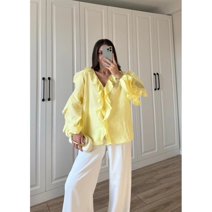 Orj Marka Wien Volanlı Premium Sarı Gömlek