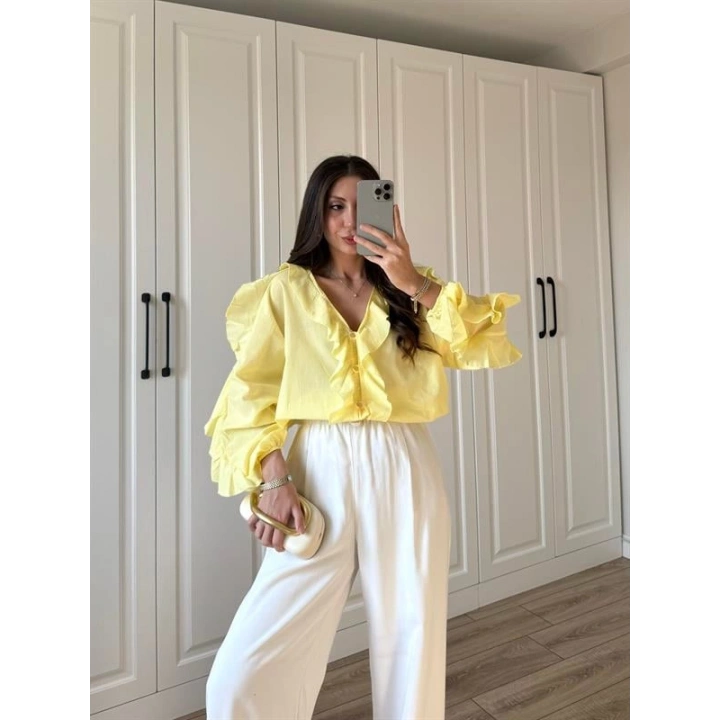 Orj Marka Wien Volanlı Premium Sarı Gömlek