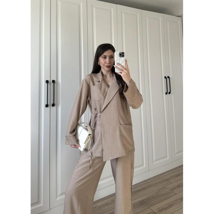 Oslo İthal Yandan Bağlamalı Cappuccino Kimono Takım