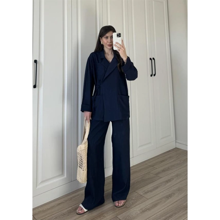Oslo İthal Yandan Bağlamalı Lacivert Kimono Takım
