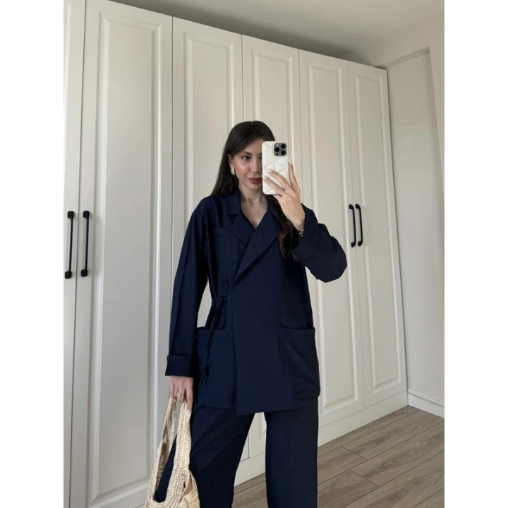 Oslo İthal Yandan Bağlamalı Lacivert Kimono Takım