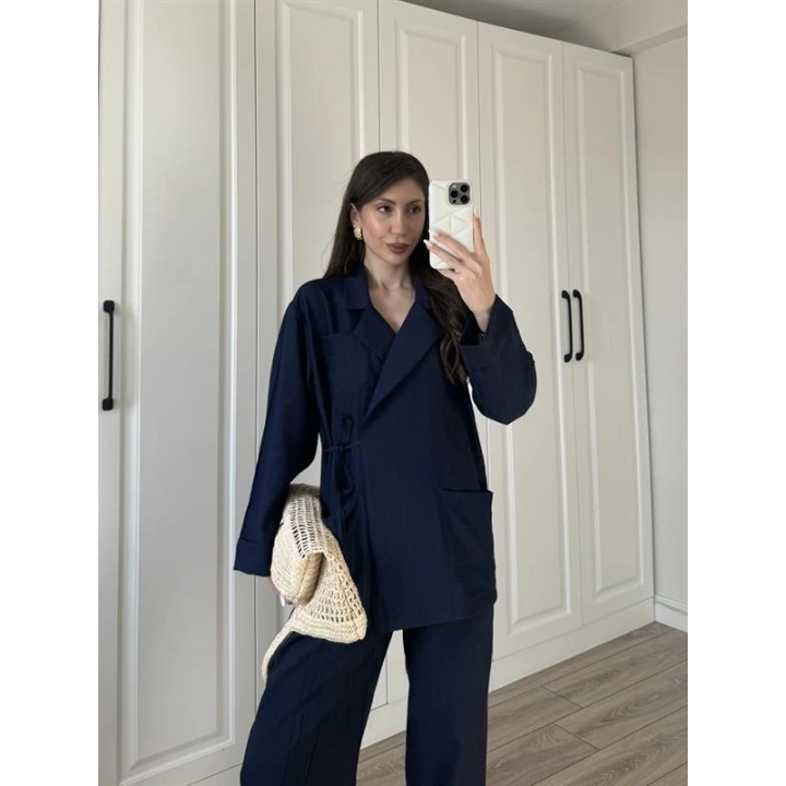Oslo İthal Yandan Bağlamalı Lacivert Kimono Takım