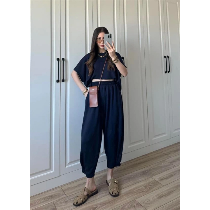 Oys Kumaş Bilek Detaylı Crop Lacivert Takım