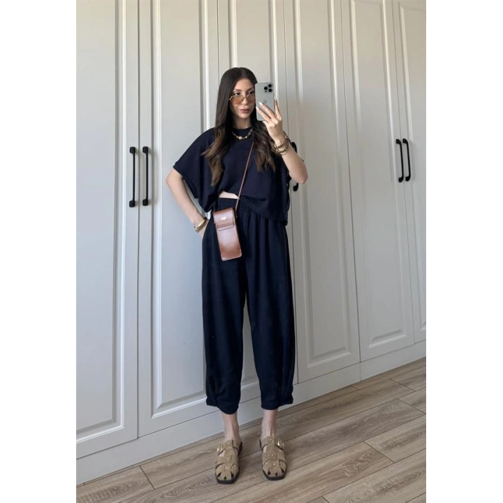 Oys Kumaş Bilek Detaylı Crop Lacivert Takım