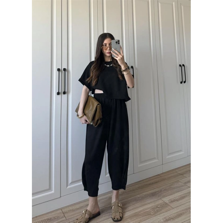 Oys Kumaş Bilek Detaylı Crop Siyah Takım