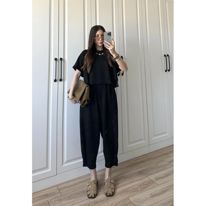 Oys Kumaş Bilek Detaylı Crop Siyah Takım