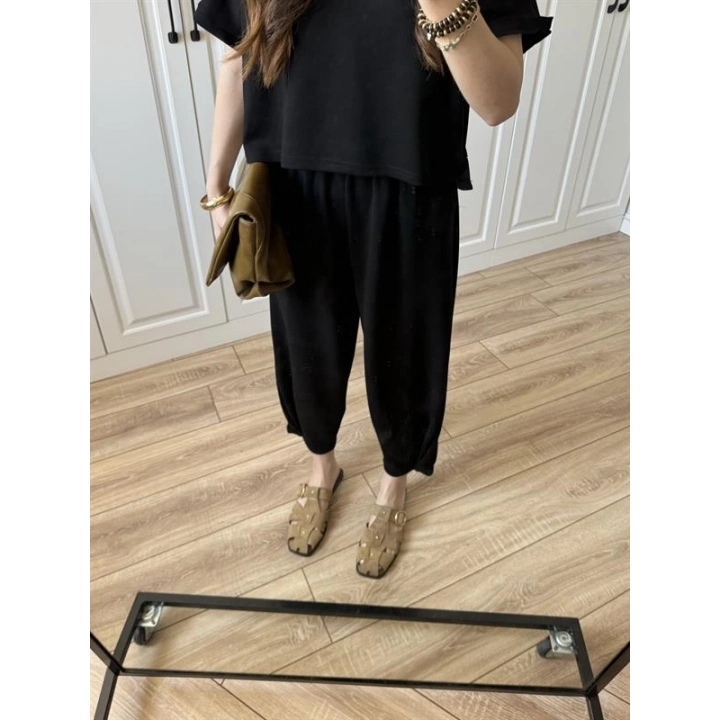 Oys Kumaş Bilek Detaylı Crop Siyah Takım