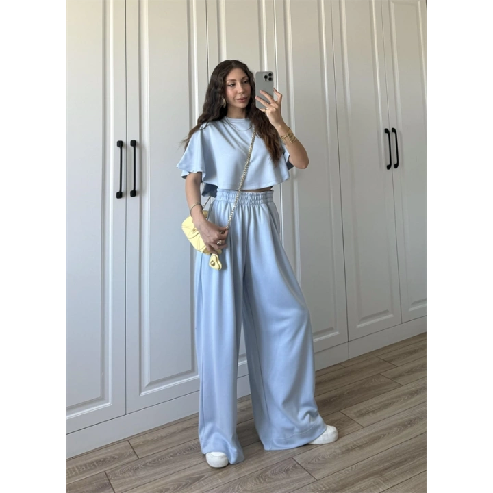 Oysh Modal Kumaş Beli Lastikli Bebe Mavi Crop Takım