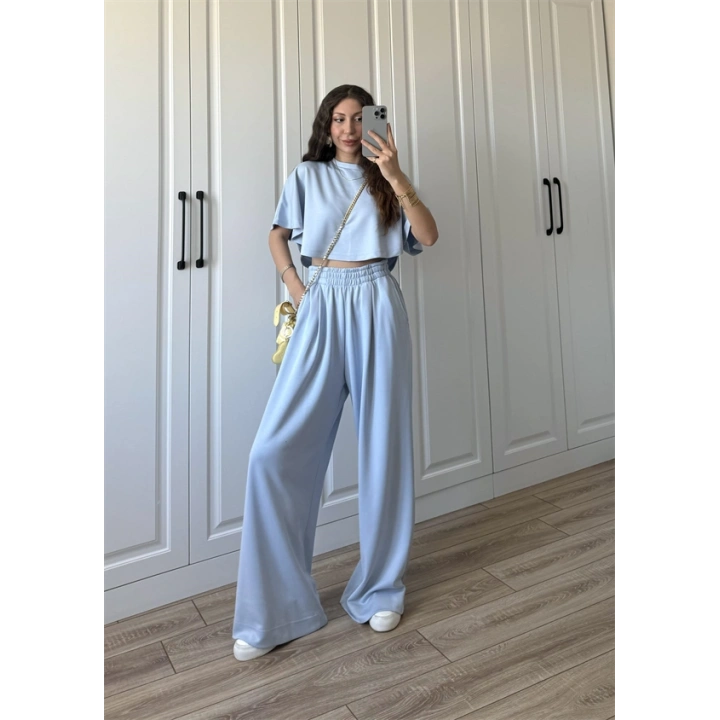 Oysh Modal Kumaş Beli Lastikli Bebe Mavi Crop Takım