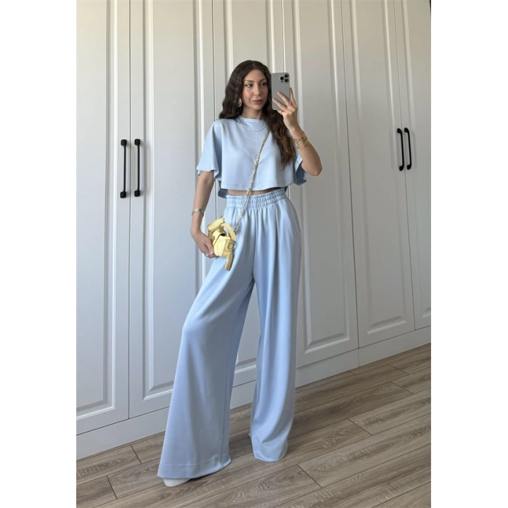 Oysh Modal Kumaş Beli Lastikli Bebe Mavi Crop Takım