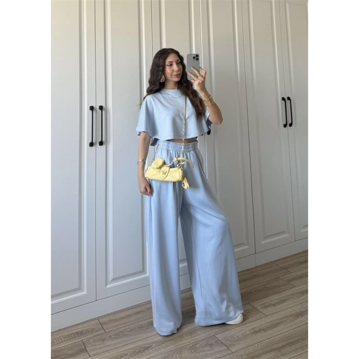 Oysh Modal Kumaş Beli Lastikli Bebe Mavi Crop Takım