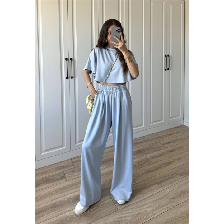 Oysh Modal Kumaş Beli Lastikli Bebe Mavi Crop Takım