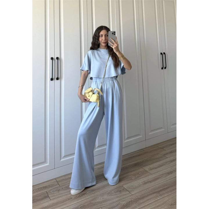 Oysh Modal Kumaş Beli Lastikli Bebe Mavi Crop Takım