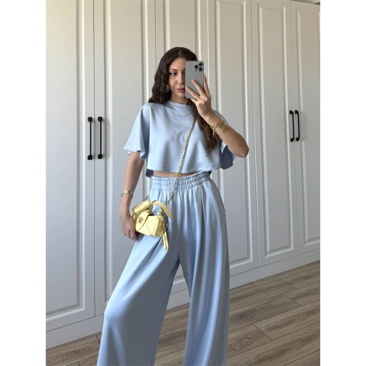 Oysh Modal Kumaş Beli Lastikli Bebe Mavi Crop Takım