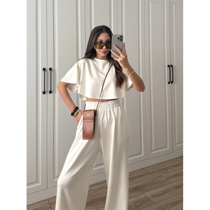 Oysh Modal Kumaş Beli Lastikli Beyaz Crop Takım