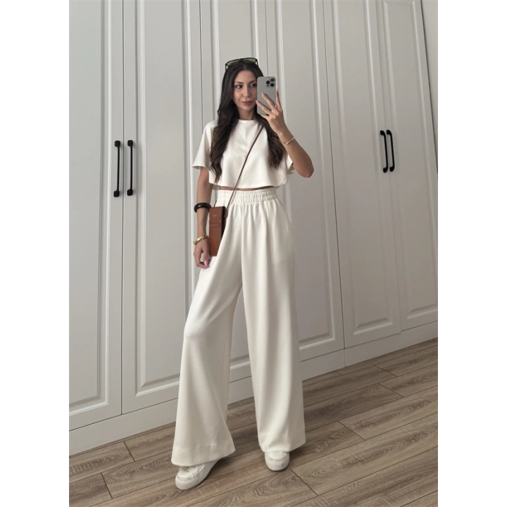 Oysh Modal Kumaş Beli Lastikli Beyaz Crop Takım