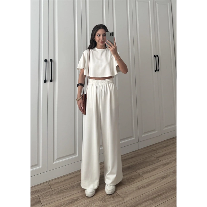 Oysh Modal Kumaş Beli Lastikli Beyaz Crop Takım