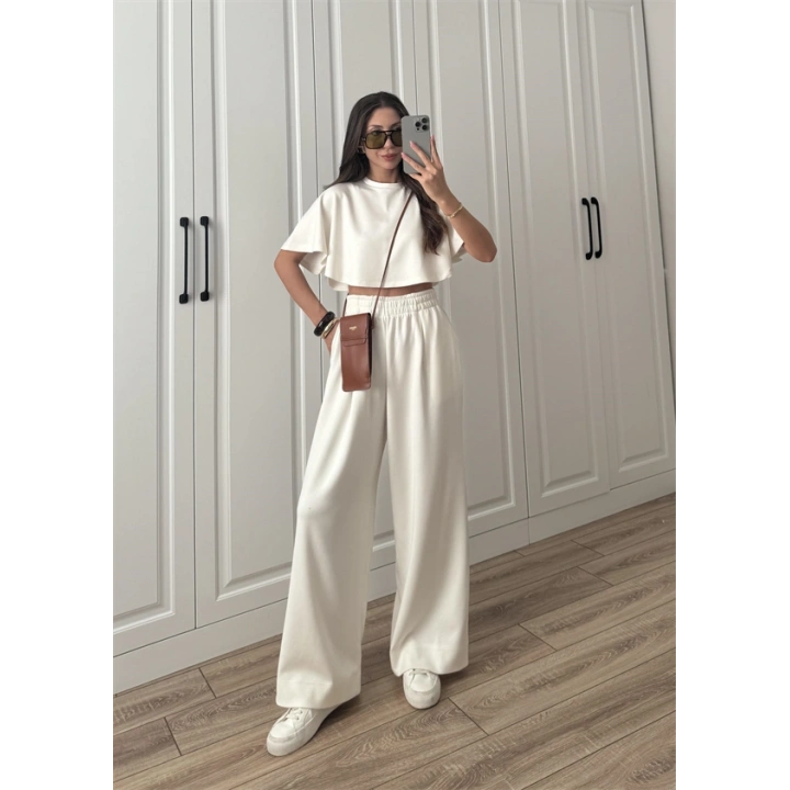 Oysh Modal Kumaş Beli Lastikli Beyaz Crop Takım