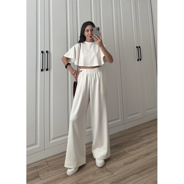 Oysh Modal Kumaş Beli Lastikli Beyaz Crop Takım