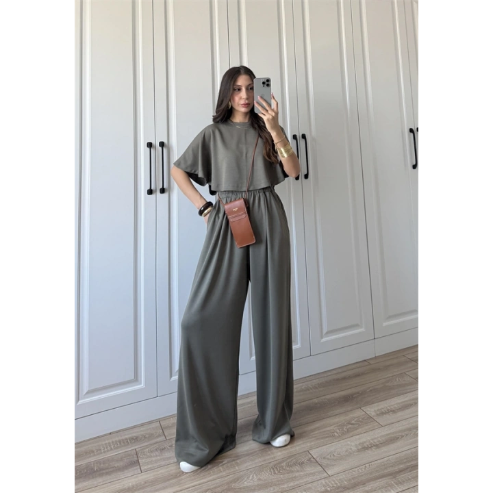 Oysh Modal Kumaş Beli Lastikli Haki Crop Takım