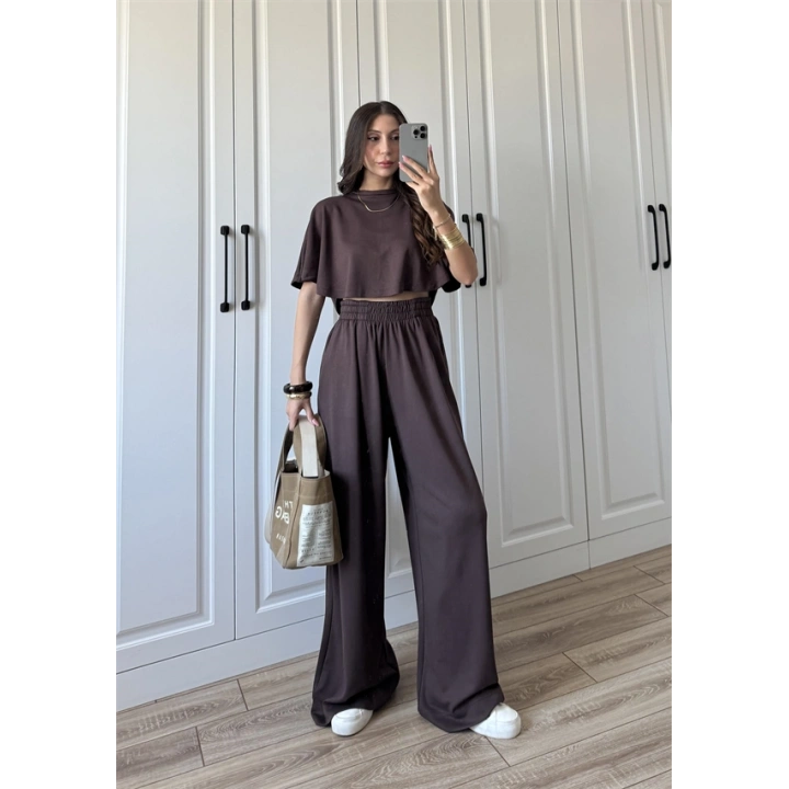 Oysh Modal Kumaş Beli Lastikli Kahve Crop Takım