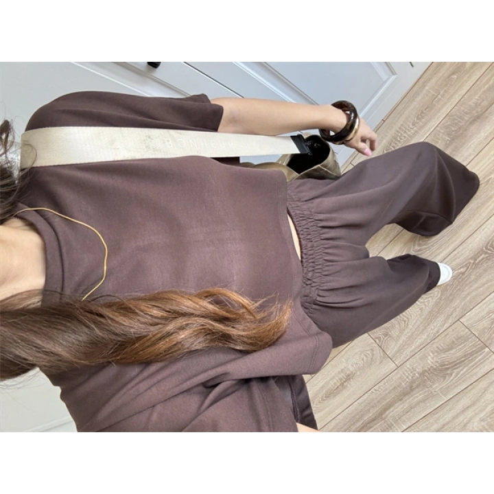 Oysh Modal Kumaş Beli Lastikli Kahve Crop Takım