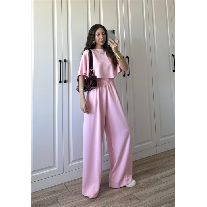 Oysh Modal Kumaş Beli Lastikli Pembe Crop Takım