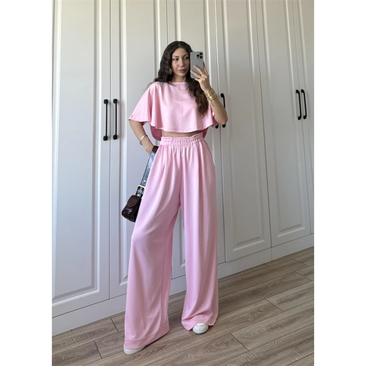 Oysh Modal Kumaş Beli Lastikli Pembe Crop Takım