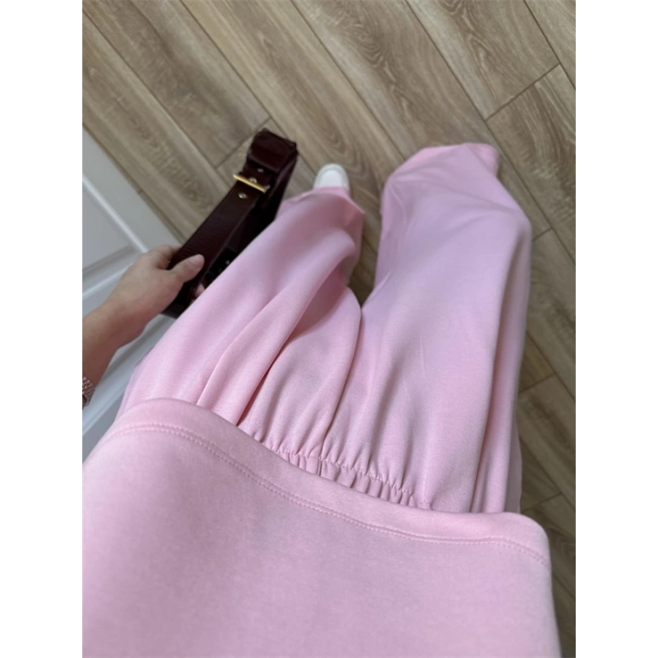 Oysh Modal Kumaş Beli Lastikli Pembe Crop Takım