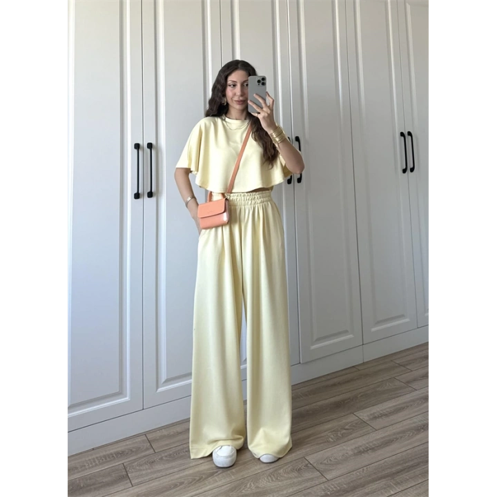 Oysh Modal Kumaş Beli Lastikli Sarı Crop Takım